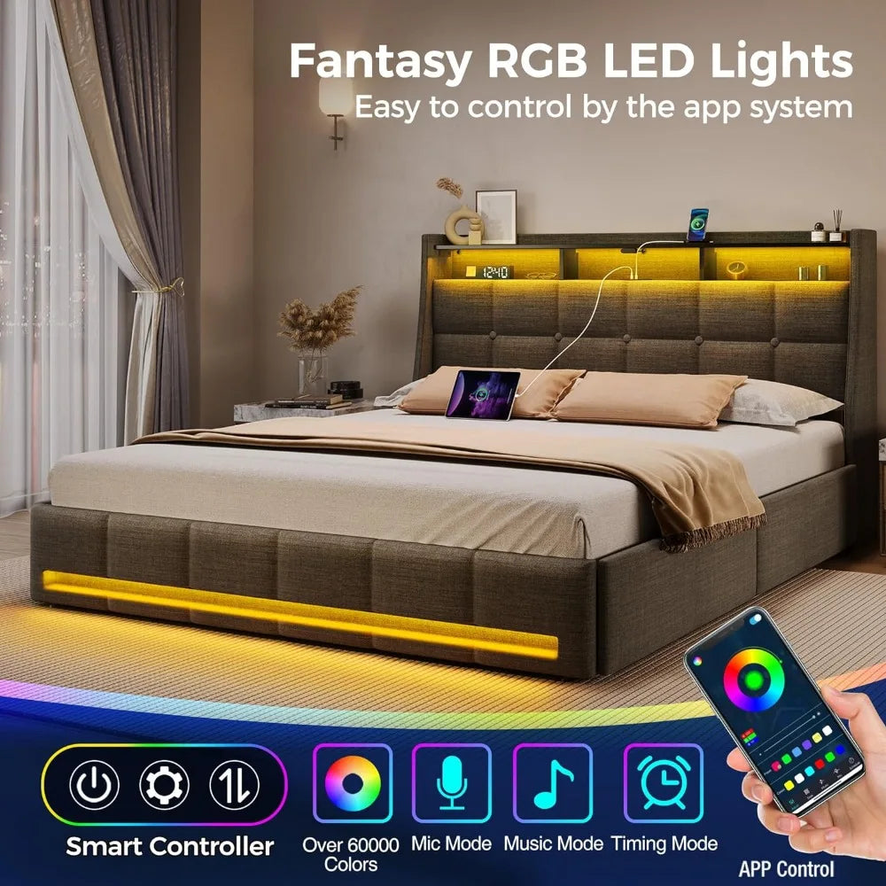 Full Size Bed Frame with LED Lights and