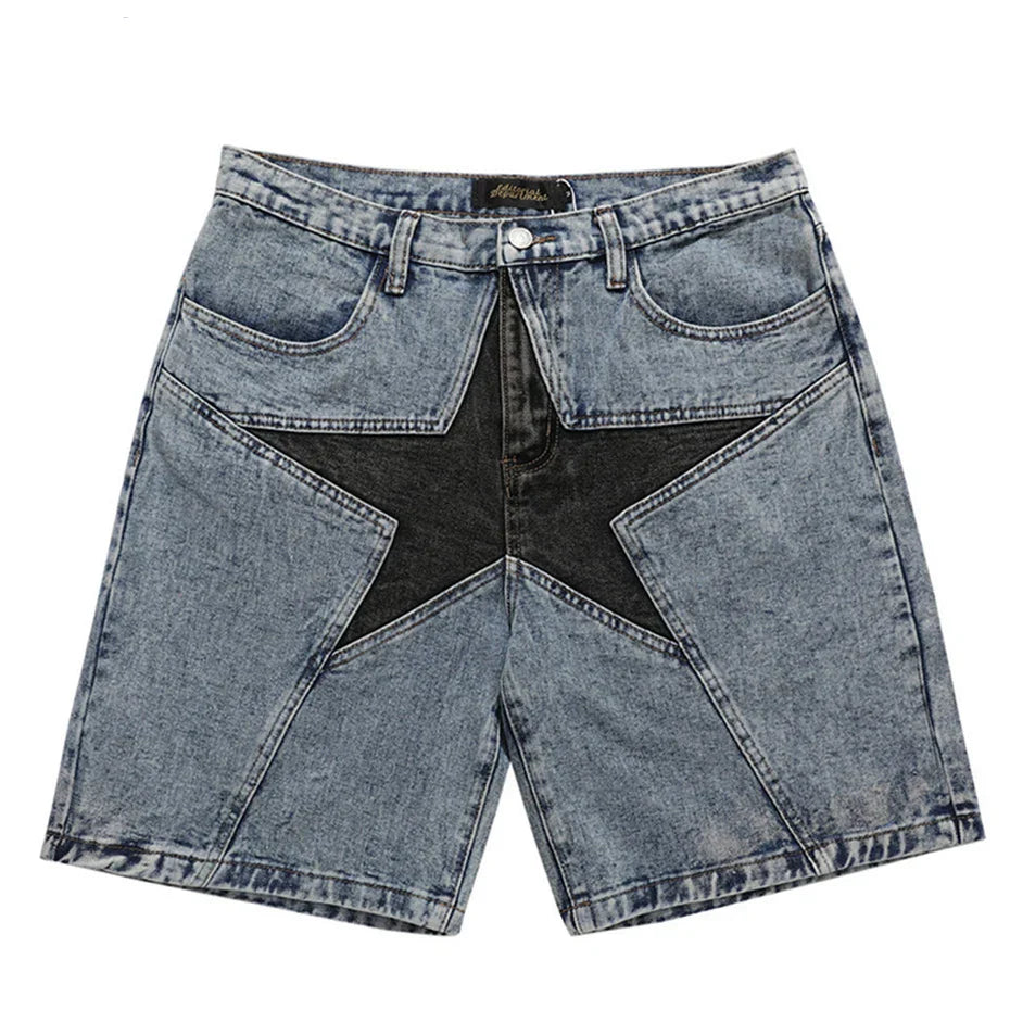 Streetwear Harajuku Denim Shorts 2023 New Men Patchwork