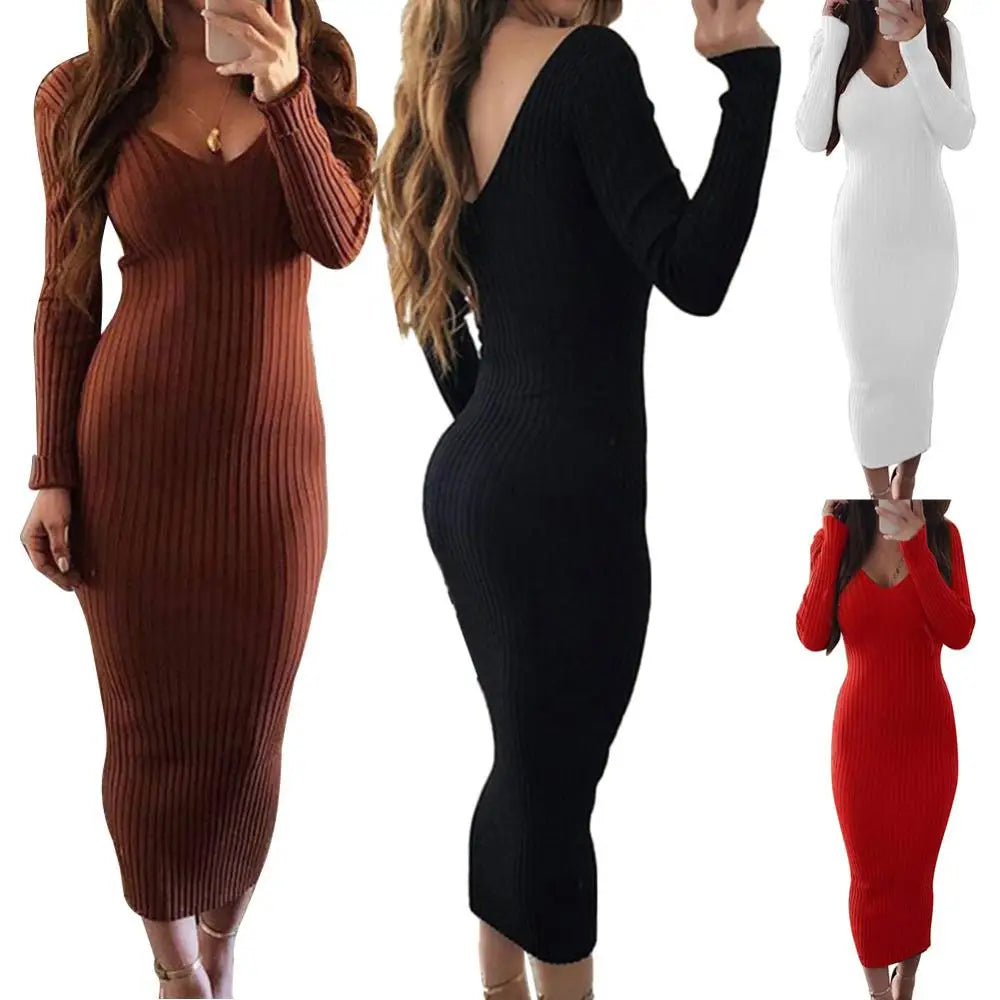 Sexy Backless Bodycon Long Sleeve Dress Slim Midi