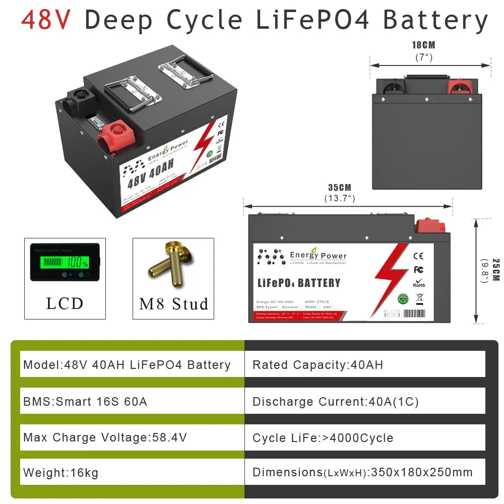 48V 40AH 100AH LiFePO4 Battery Pack Built-in 2000W