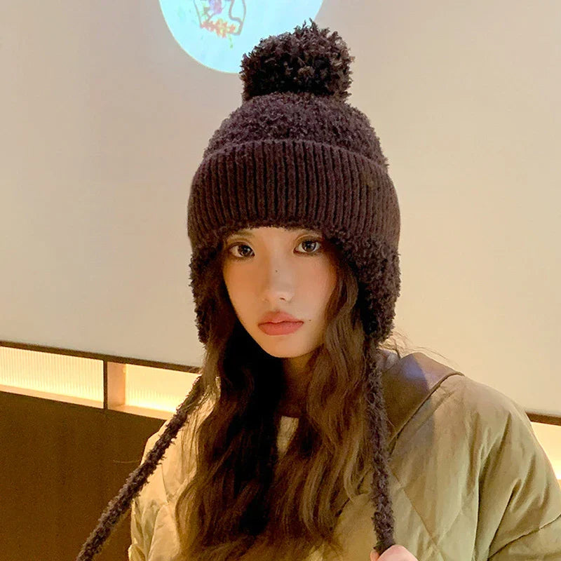 Women Pompom Ear Warmer Bonnet Fleece-lined Ear Protection