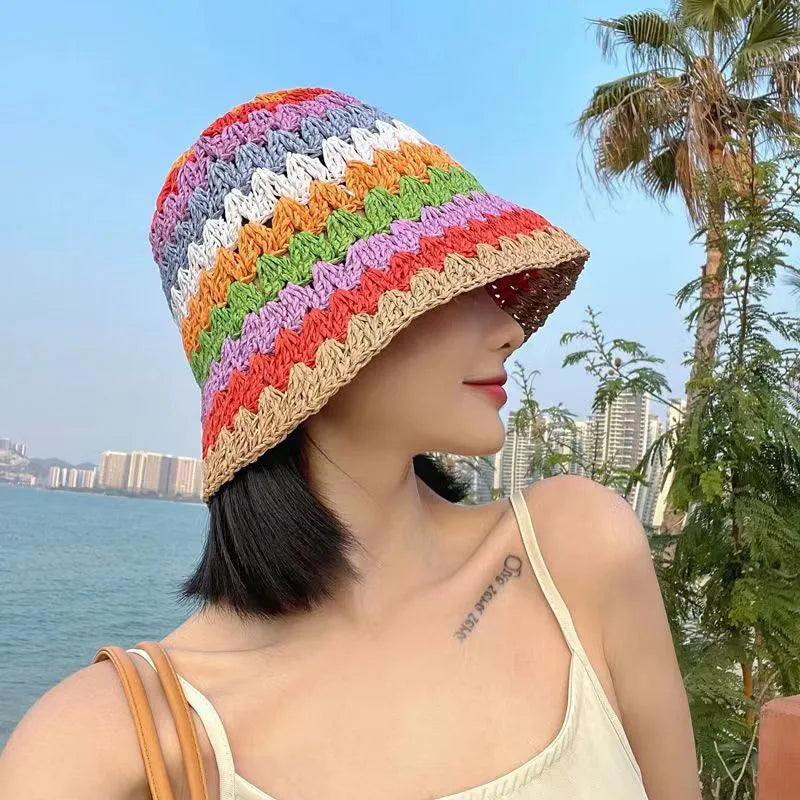 Spring Summer New Rainbow Woven Straw Hat Bucket