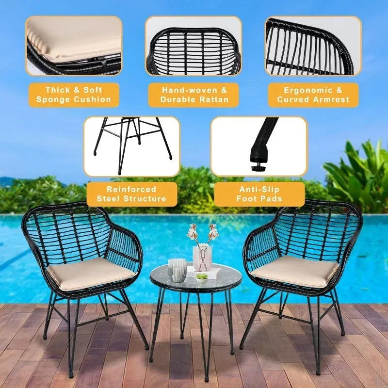 Leasbar 3 Piece Outdoor Wicker Conversation Bistro Set,