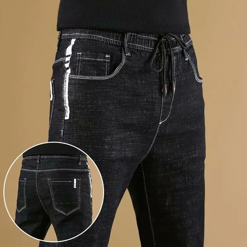 Men's Winter Pants Fleece-lined Jeans Brushed Black Street