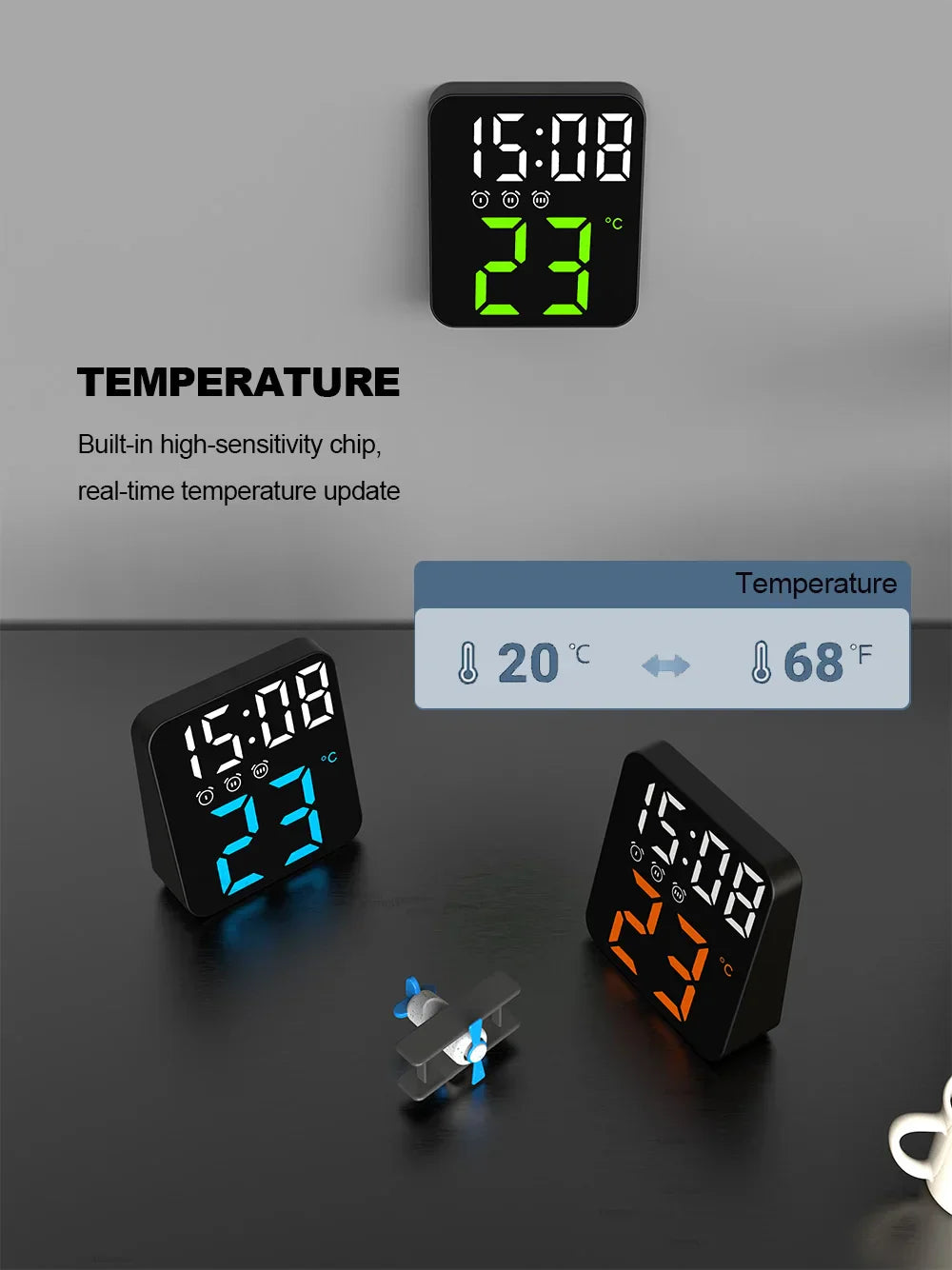 Digital Alarm Clock for Bedrooms with Temperature Adjustable