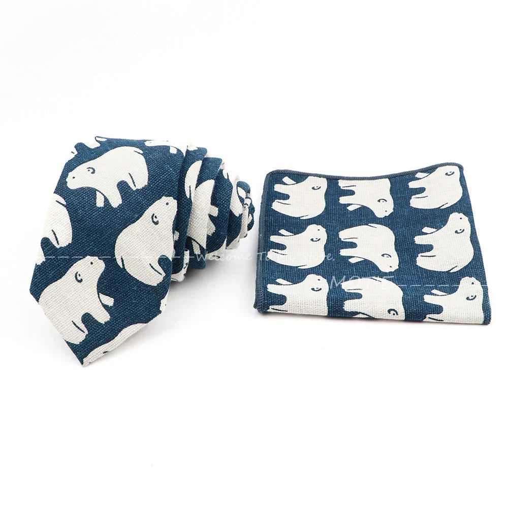 Men Linen Plant Ainmal Ties Set Pocket Handkerchief