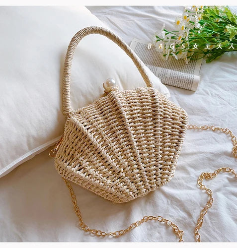Shell rattan straw woven diagonal cross small bag,