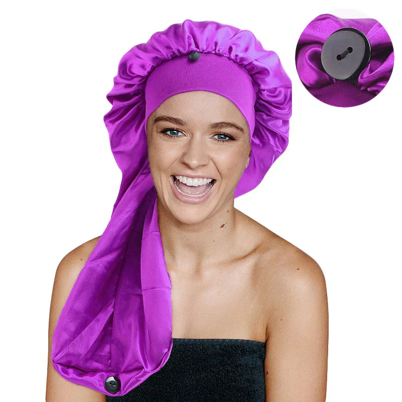 Satin Long Nightcap Wide Edge Adjustable Bonnet Women