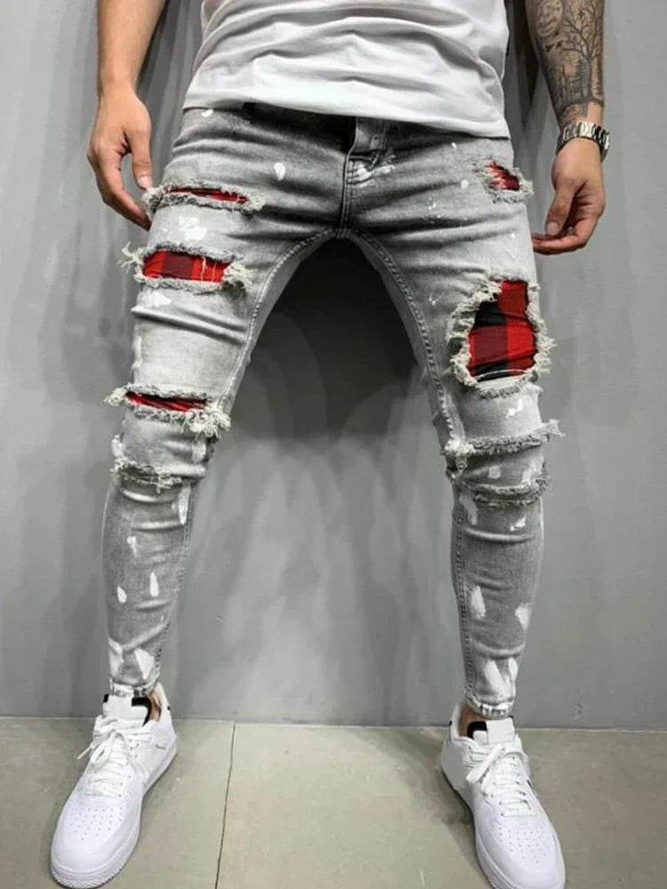 Distress Plaid Patch Holes Streetwear Ripped Skinny Jeans