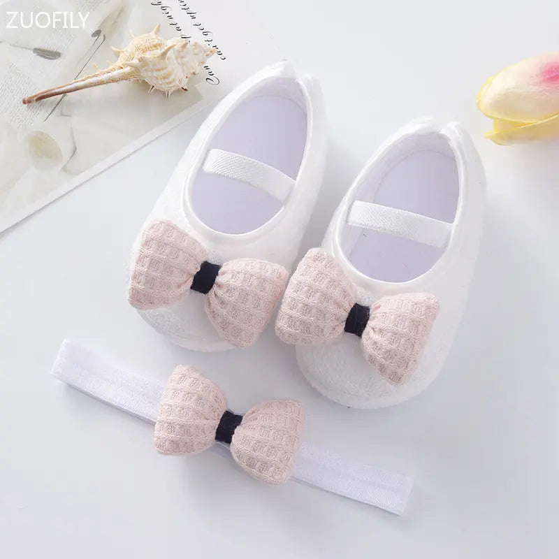 0~18M Cute Bowknot Newborn Baby Shoes Headband Set
