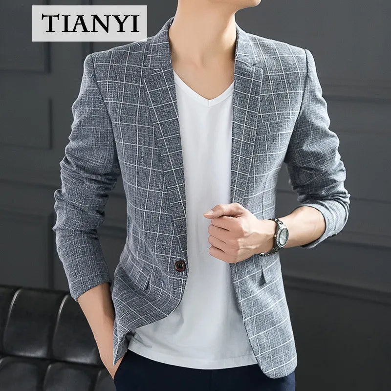 High-quality Men's Casual Suit Jacket Plaid Western Slim