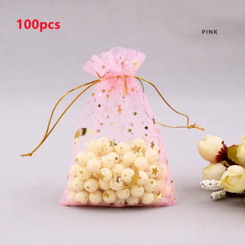100pcs Moon Star Organza Drawstring Gift Bags 7x9cm Jewelry Packaging Pouches