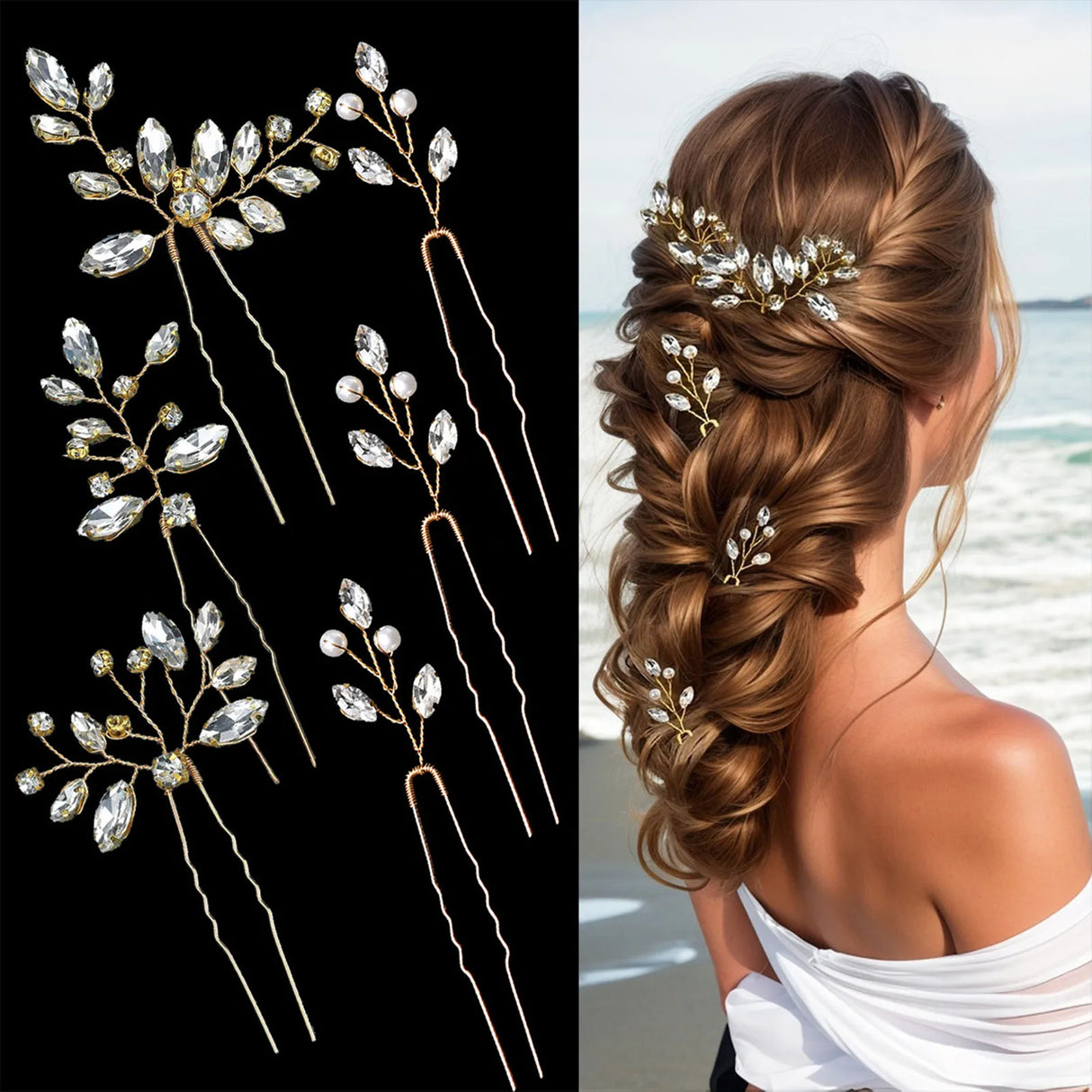 Pearl Flower Hairpin Side Comb Golden Leaf Shaped