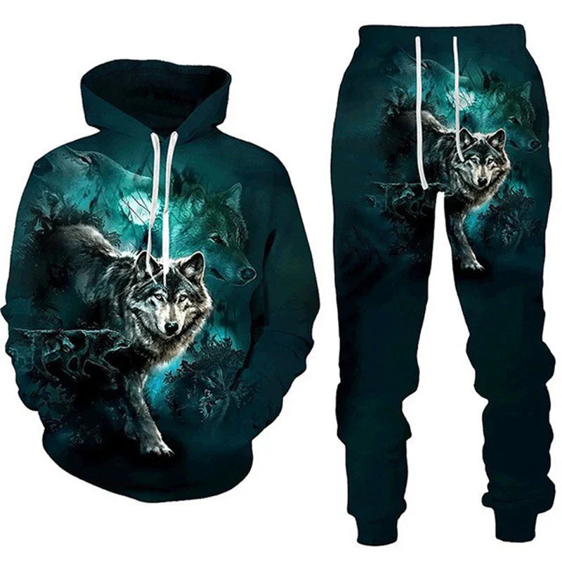 Men Tracksuit Set 3D Animal Fierce Wolf Printed