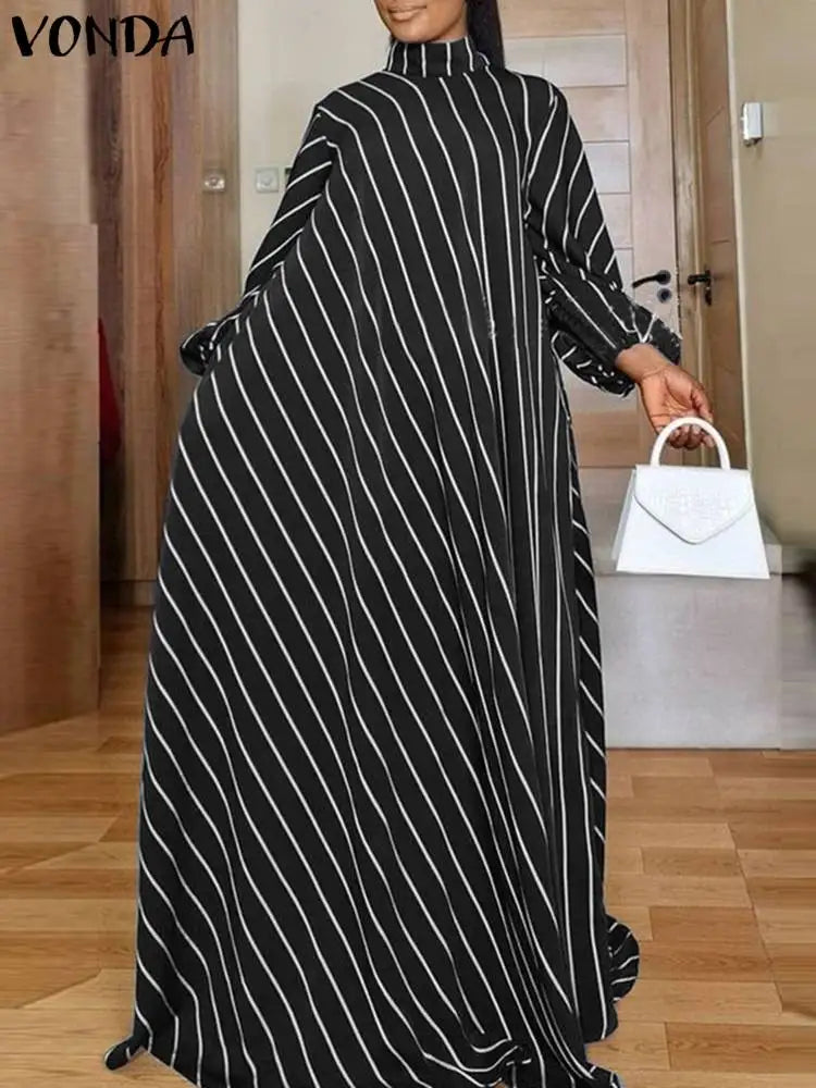Plus Size 5XL VONDA Elegant Striped Maxi Dress