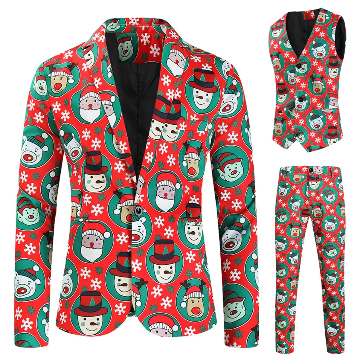 Mens Fashion Casual Suit Printed Christmas Jacket Pants