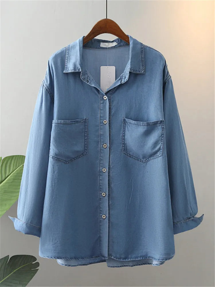 Plus Size Women's Clothing Blouses&Shirt Spring And Autumn Denim Shirt Long-Sleeved Lapel Shirt Thin Soft Basic Shirts Oversize
