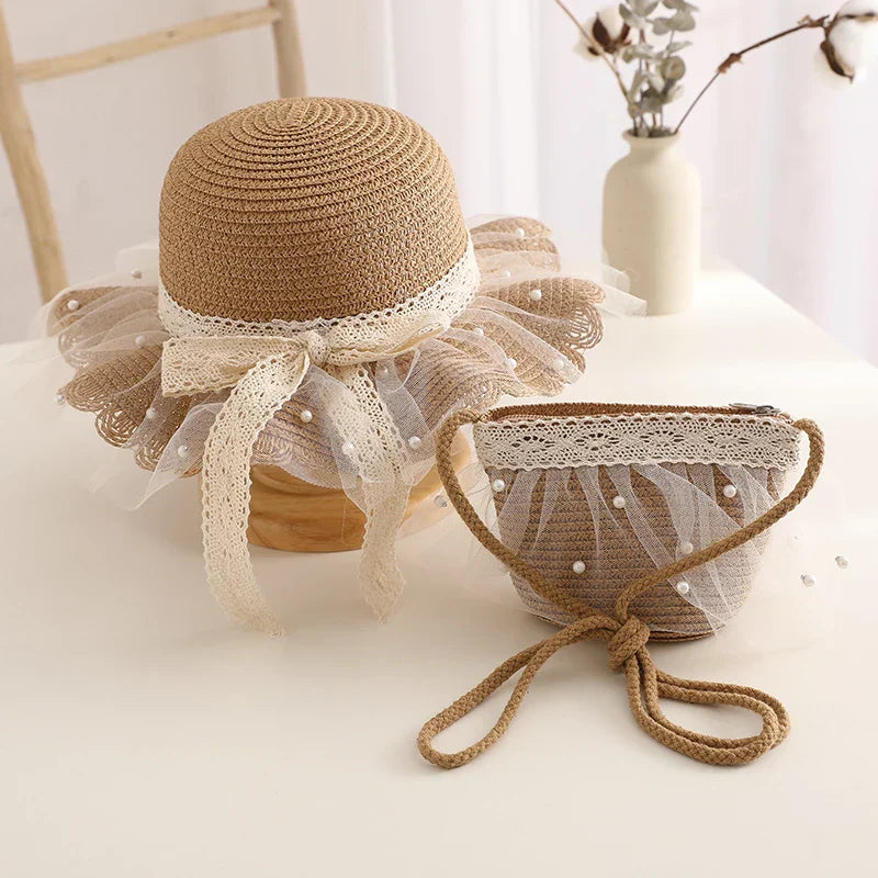 Kids Girls Straw Hat Handbag Set Wide Brim Lace Bow Sun Protection Cap Summer Beach Bucket Cap Portable Handbag панама Gorras