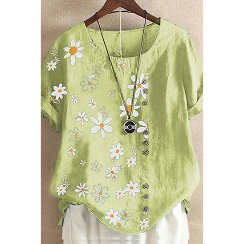 Plus Size DaisyPrint Cotton Linen Shirt Casual Summer