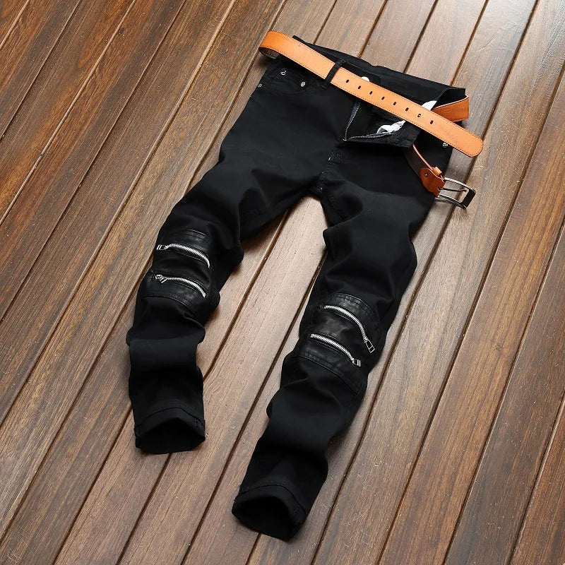 Men Jeans Knee Hole Design Denim Pants Black