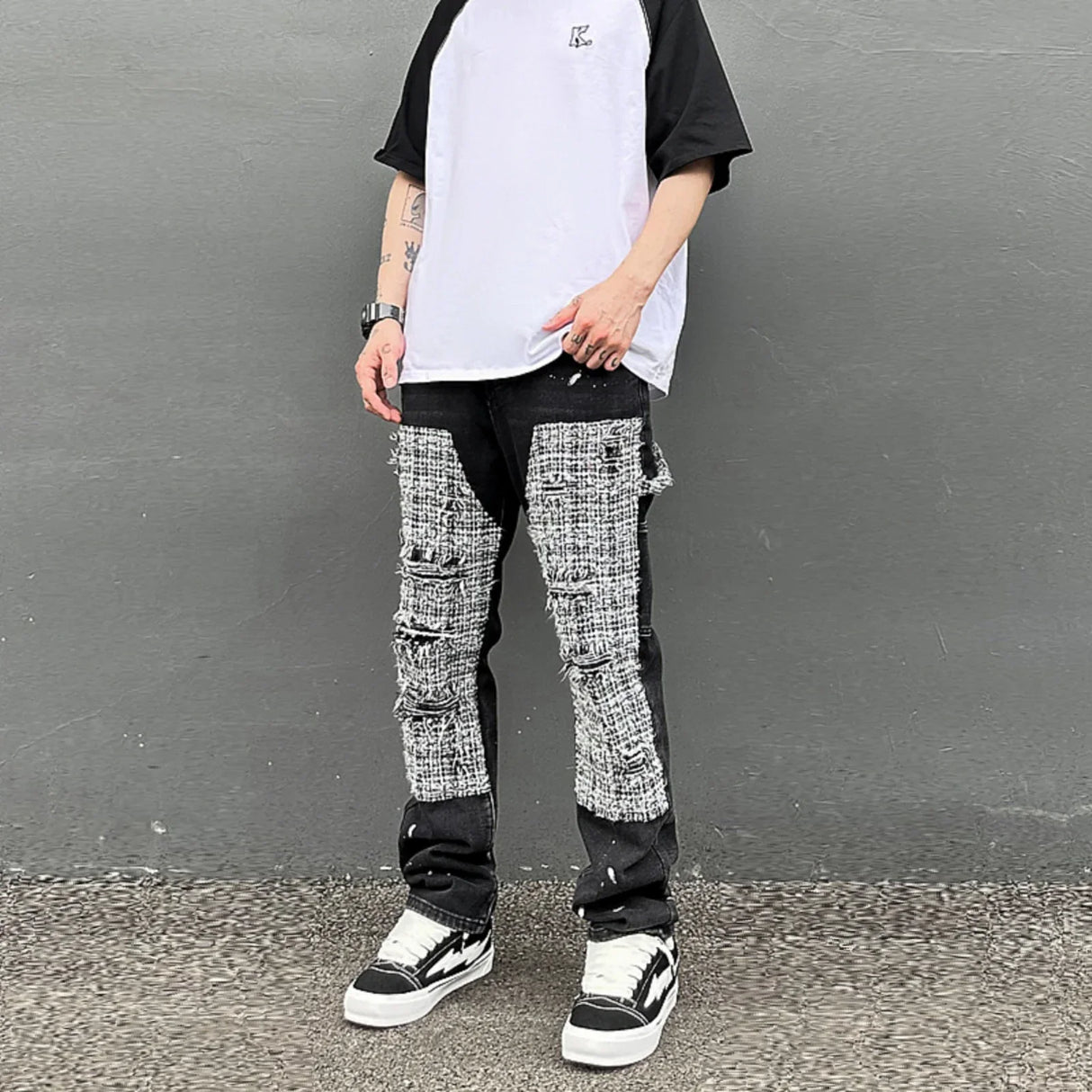 Black White Checkered Patchwork Straight Leg Denim Trousers