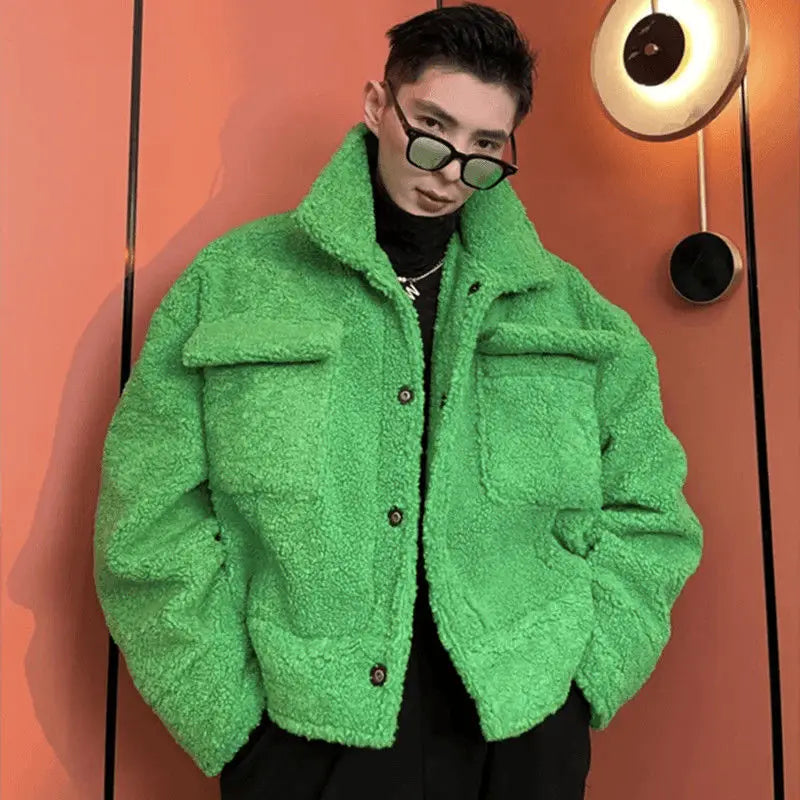 Green Ruffian Jacket for Men Lamb Wool Thickened