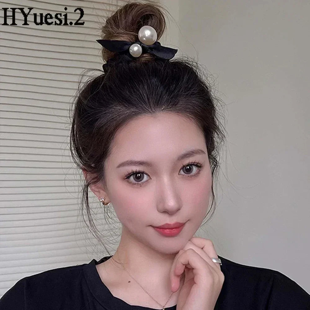 Fashion Seamless Black Hair Ties Rope Simple Pearl