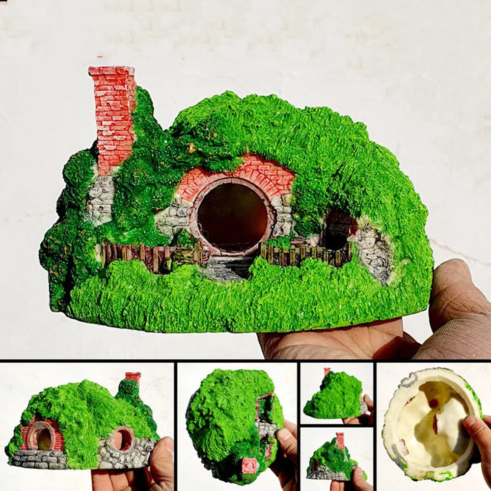 Aquarium Decoration Grass House Resin Cave Fish And
