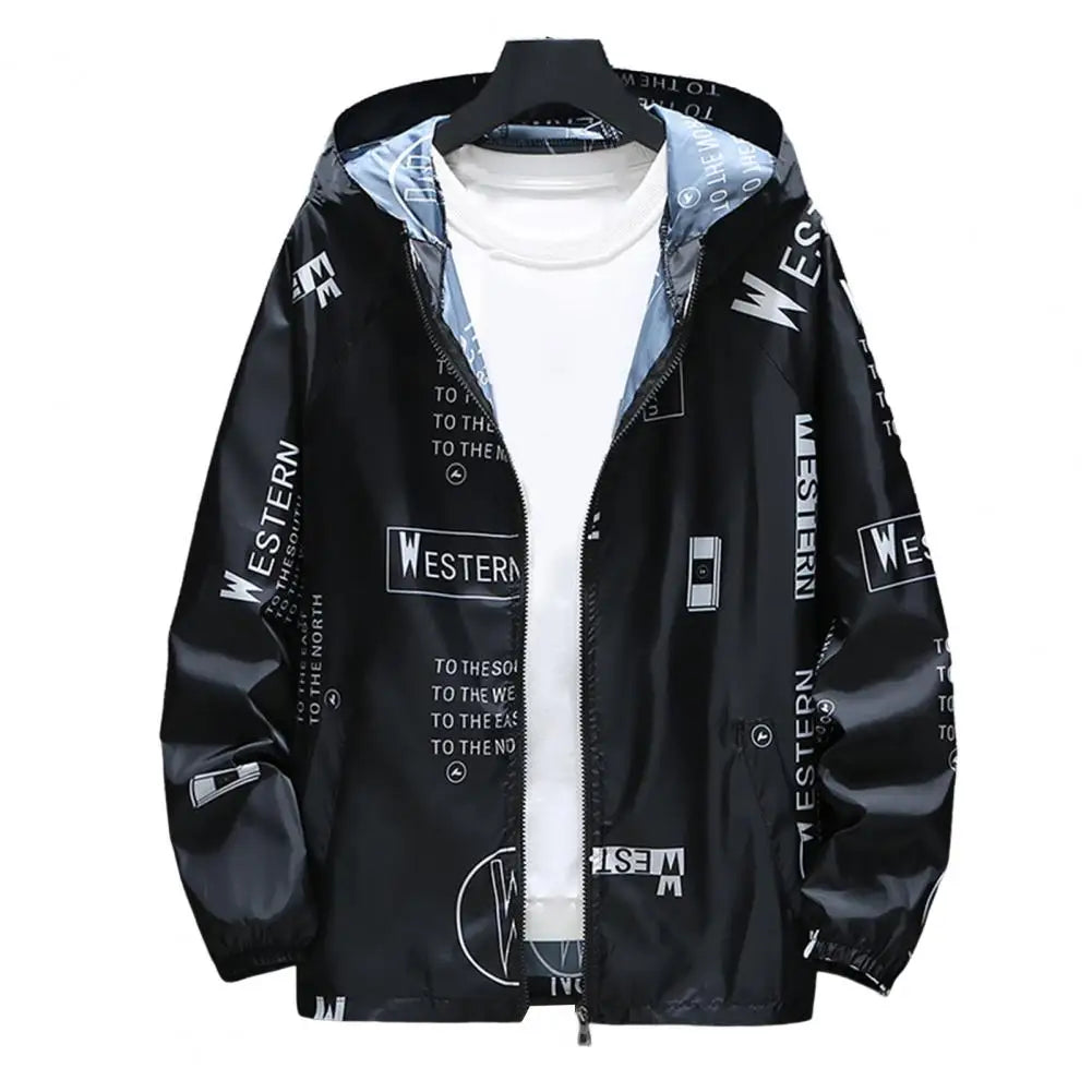 Men Windbreakers Hooded Jacket Zipper Closure Anti-UV Breathable