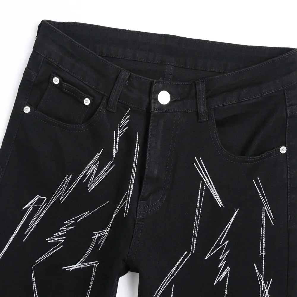 Men Embroidery Black Denim Jeans Streetwear Punk Slim
