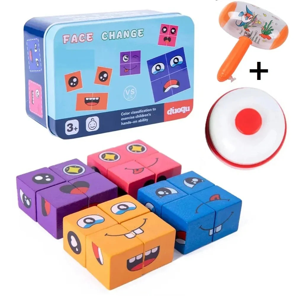 Wooden Face Changing Cube Toys Building Blocks Cartoon