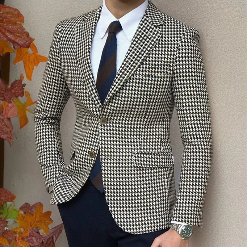 Houndstooth Plaid Blazer for Men One Piece Suit
