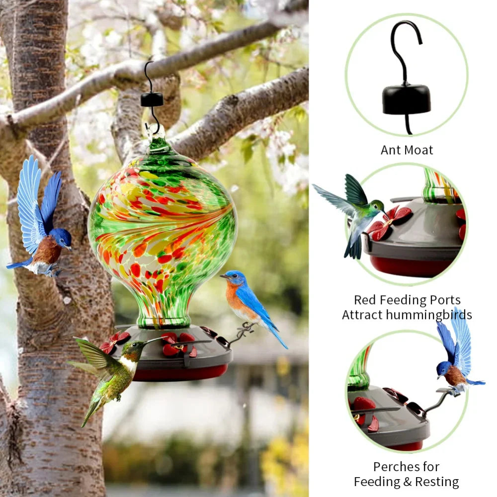 Hummingbird Feeder for Outdoors Hanging Hand Blown Glass