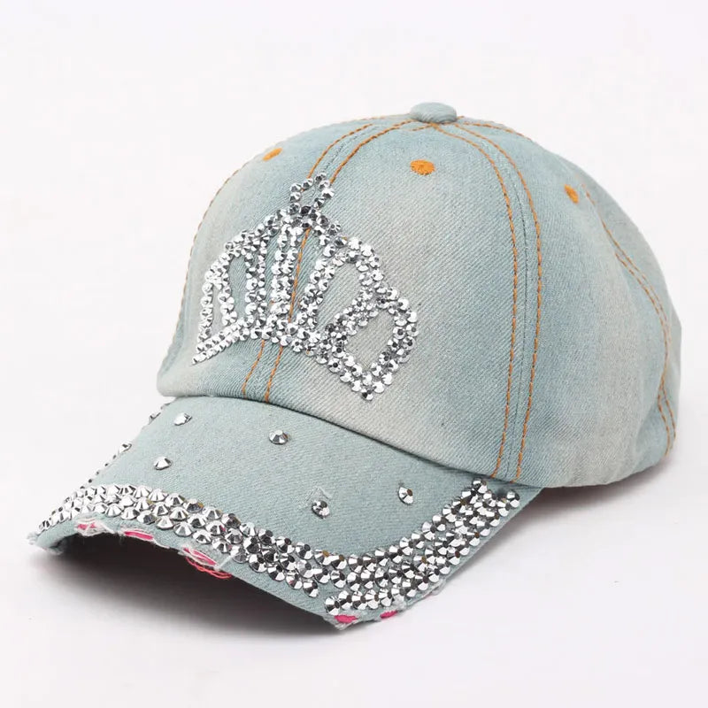 Women Bling Tiara Distressed Denim Baseball Cap Rhinestones