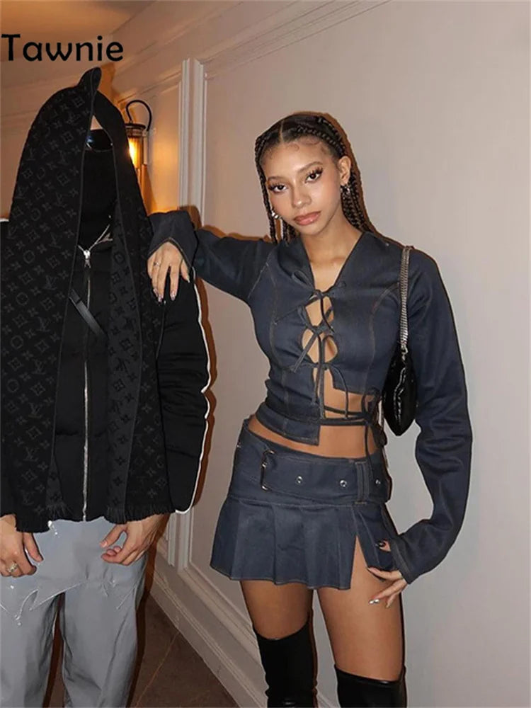 Tawnie Skirt Sets Denim Suit Sexy Crop Top