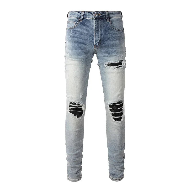 Men Leather Patches Denim Jeans Streetwear Holes Ripped