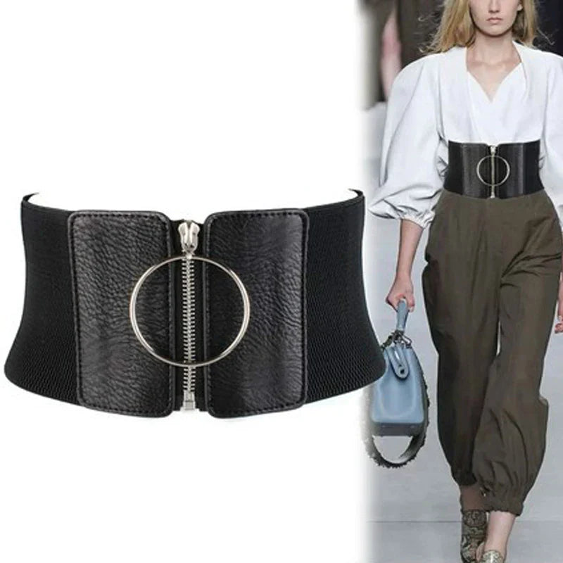Women's Dress Super Wide Belt Large Metal Ring