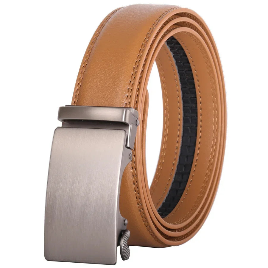 Plyesxale Brown Leather Belt Men 2024 Automatic Buckle