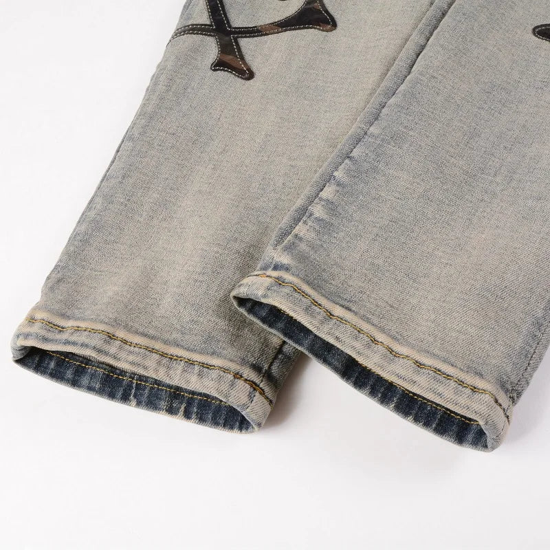 Men's Camouflage Leather Bones Patches Jeans Vintage Blue