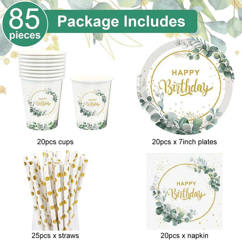 85Pcs Green Eucalyptus Leaf Disposable Tableware Set Paper