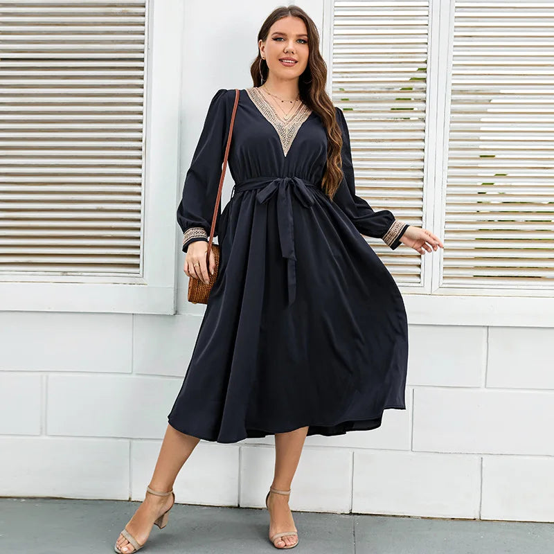 Plus Size Women Dress V Neck Long Sleeves