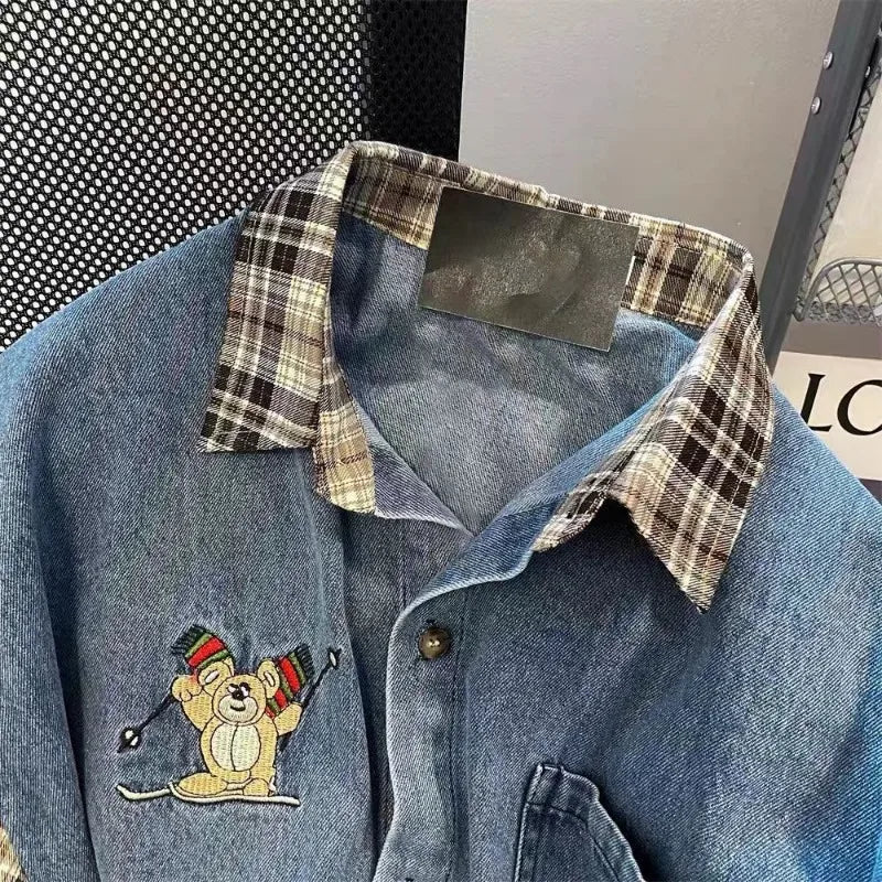 Men's Plaid Stitching Denim Shirt Women's Autumn New