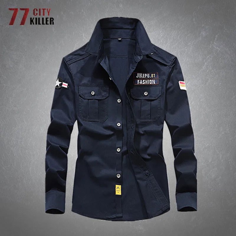 Men's Fashion Military Style Shirt Casual Retro Slim
