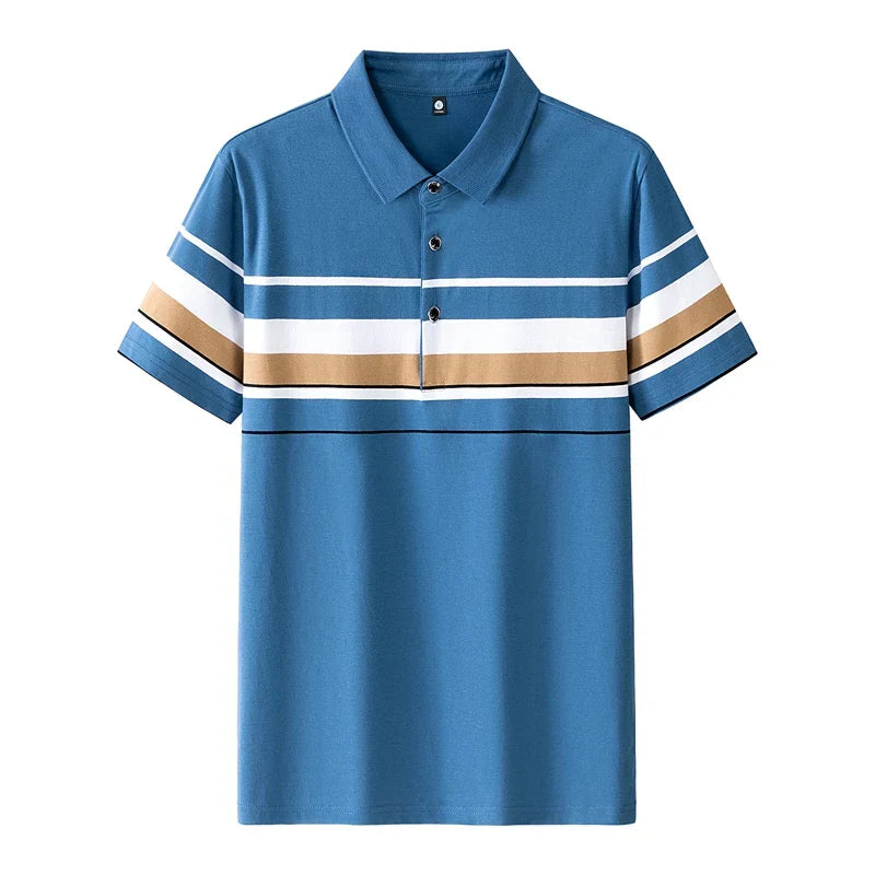 Mens Summer Pullover Solid Turndown Collar Striped Button