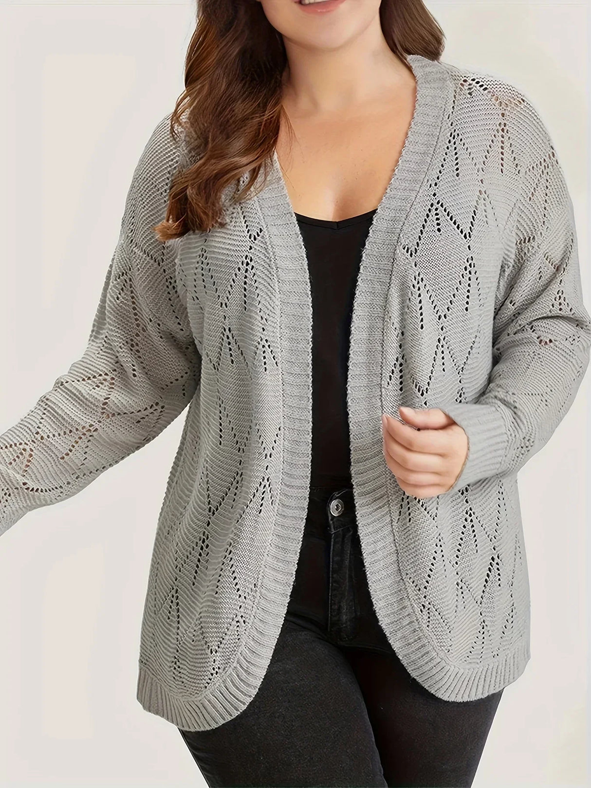 Plus Size Women's Solid Hollow Out Open Front