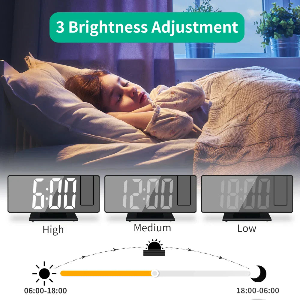 180° Arm Projection Alarm Clock - Digital Time & Temperature, Snooze Function, 12/24H USB LED Clock