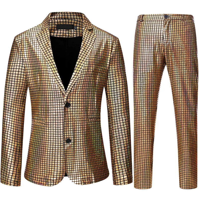Mens Stage Prom Suits Shiny Rainbow Plaid Sequin
