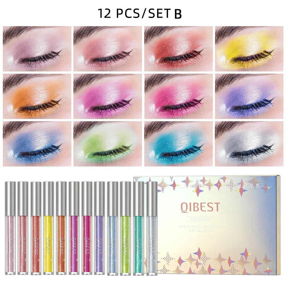 QIBEST 12 Colors Glitter Liquid Eyeshadow Waterproof Metallic