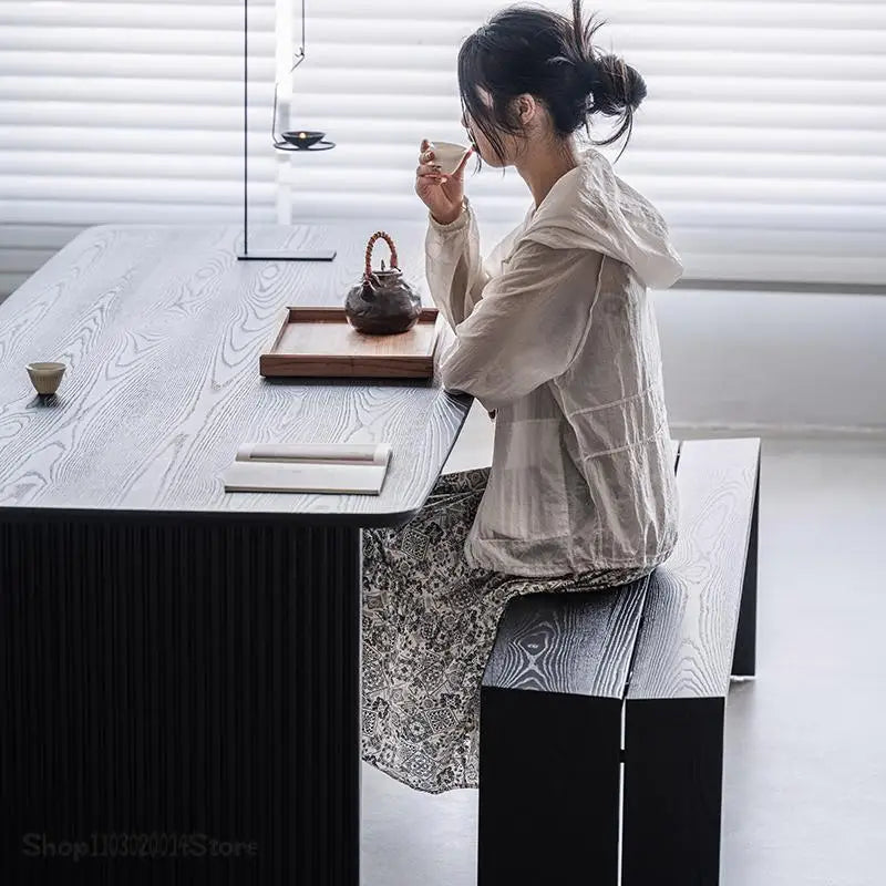 Quiet Style White Wax Wood Bench Black Dining