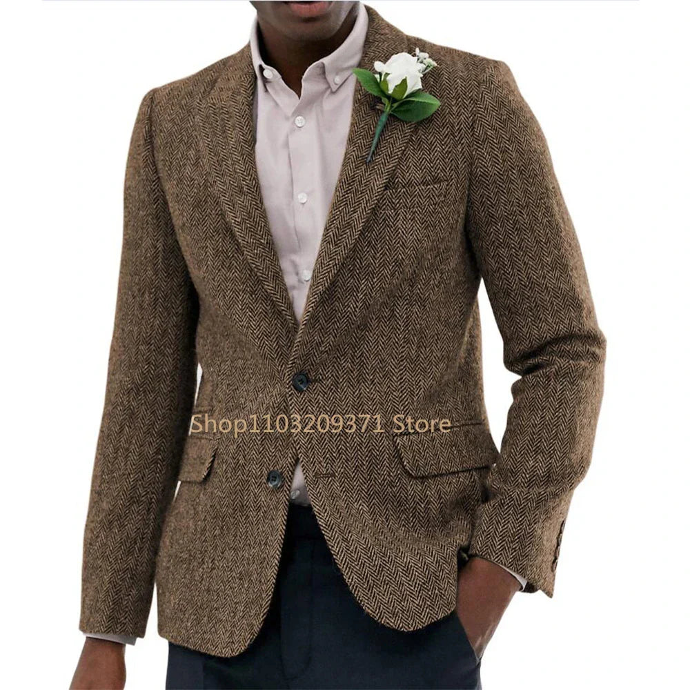 Men's Suit Brown Herringbone Blazer Prom Tuxedos Wool